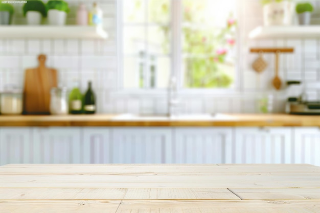 Empty Wooden Tabletop With Blurred Kitchen Background For Display