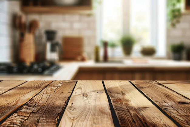 Empty wooden tabletop with blurred kitchen background Kitchen template Series