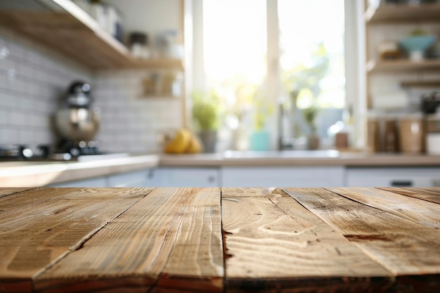 Empty wooden tabletop with blurred kitchen background Kitchen template Series