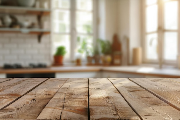 Empty wooden tabletop with blurred kitchen background Kitchen template Series