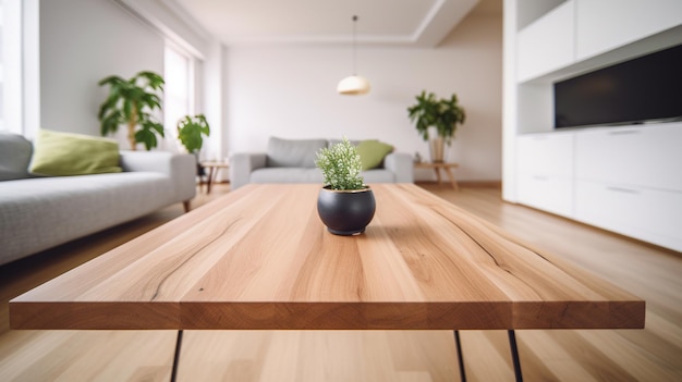 Empty wooden tabletop with blurred living room background