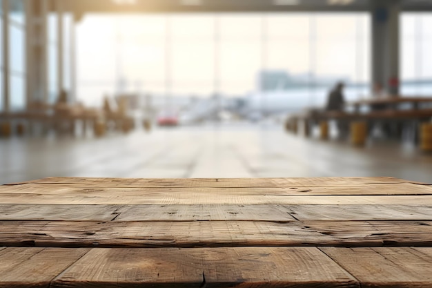 Empty Wooden Tabletop with Blurry Airport Interior Background