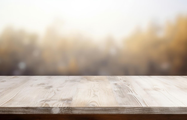 Photo empty wooden tabletop with a clear surface and blurred nature backdrop