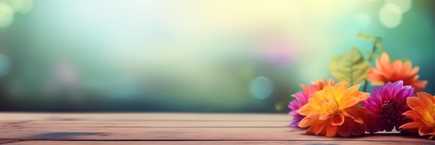 Empty wooden tabletop with colorful flowers banner for advertising and presentation Selective focus on tabletop Generative AI illustration