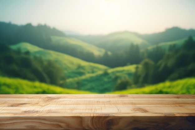 Empty wooden tabletop with green hills background for advertising and presentation Selective focus on tabletop Generative AI illustration