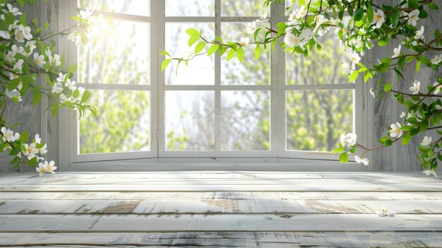 Empty Wooden Tabletop With Spring Window View and Flowers