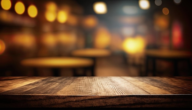 Empty wooden top table blurry cafe bar background Made with Generative AI