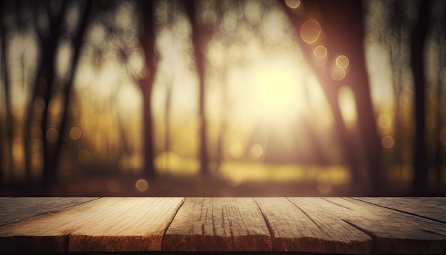 Empty wooden top table blurry trees forest background Made with Generative AI