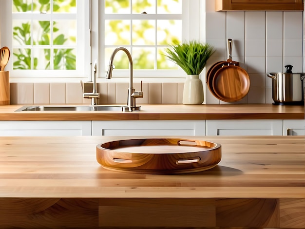 Empty wooden tray in the kitchen with a luxurious kitchen background