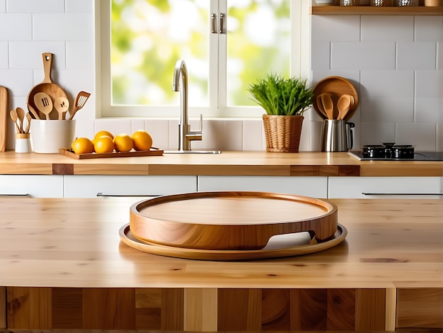 Empty wooden tray in the kitchen with a luxurious kitchen background