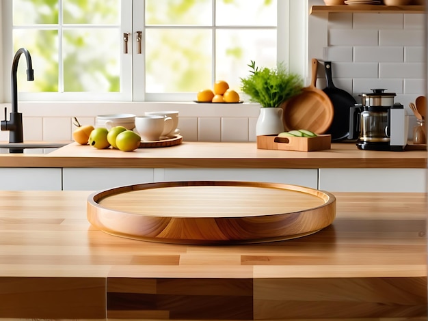 Empty wooden tray in the kitchen with a luxurious kitchen background