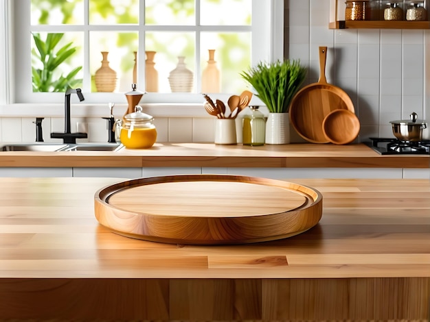 Empty wooden tray in the kitchen with a luxurious kitchen background