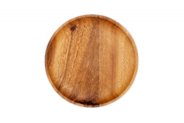 Empty wooden tray on white background