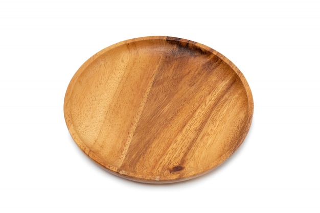 Empty wooden tray on white background