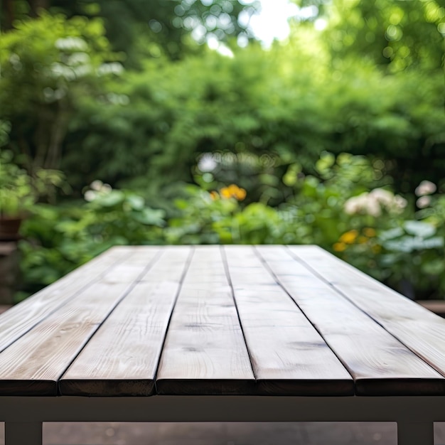 Empty wooden white table top on blurred garden background product display montage High quality photo