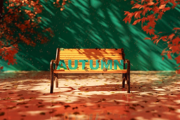 Empty wooden yellow bench with autumn letter and shadows of autumn brown leaves