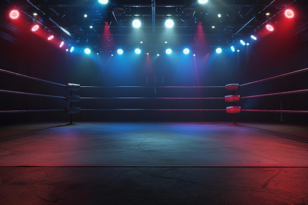 An empty wrestling ring illuminated by multicolored spotlights prepared and waiting for the next big match