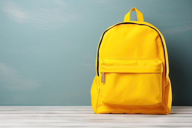 Empty yellow backpack on table education supplies