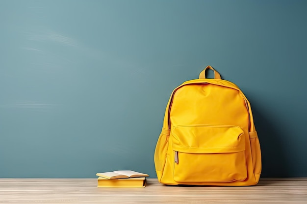 Empty yellow backpack on table education supplies