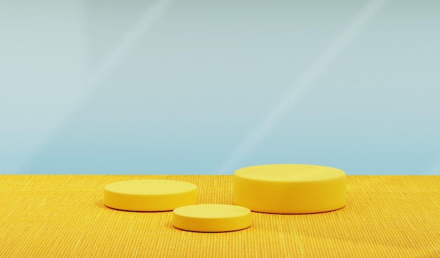 Empty yellow podium with fabric texture in blue studio. Beautiful for summer theme background