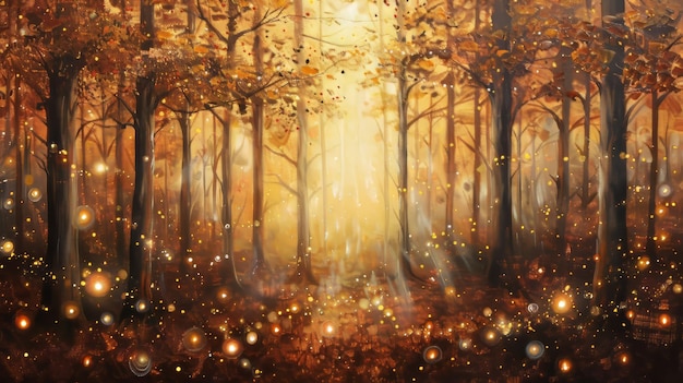 Enchanted Autumn Forest with Dancing Fireflies and Golden Sunlight