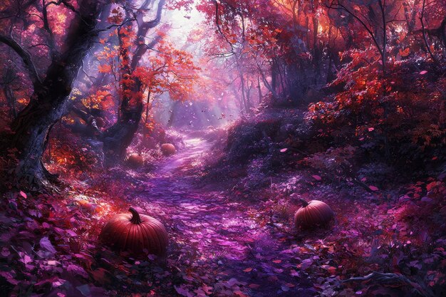 Photo enchanted autumn forest with pumpkins