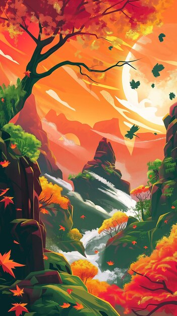 Enchanted Autumn Waterfall in a Vivid Sunset Landscape Generative AI