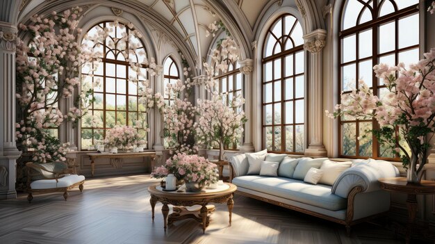 Enchanted Blossom Conservatory A Luxurious Vintage Sofa Amidst a Floral Wonderland