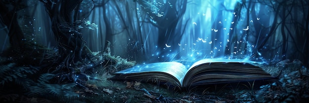 Enchanted book glowing in magical forest A mystical open book emits blue light and butterflies in a dark enchanted forest adding a magical touch