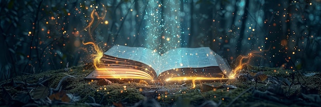 Enchanted book with blue glowing lights Atmospheric photo of an open book in the woods with ethereal blue lights and magical sparkles