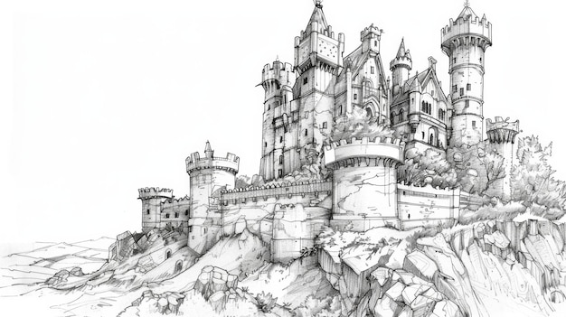 Photo enchanted castle sketch amidst mountainous landscape