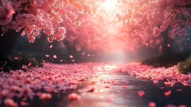 Photo enchanted cherry blossom pathway petals floating in the air bathed in soft morning light