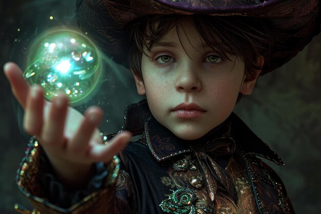 Photo enchanted child wizard with glowing orb