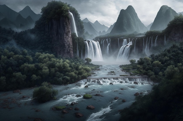 Enchanted Chinese Landscape Majestic Mountains Cascading Waterfalls and Mystical Caves