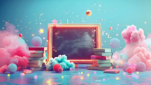 Enchanted Classroom with 3D Flat Icon Teacher Blackboard and Books Fantasy BacktoSchool Theme