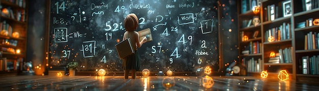 Enchanted Classroom with Math Teacher Textbooks and Chalkboard Fantasy Back to School Theme