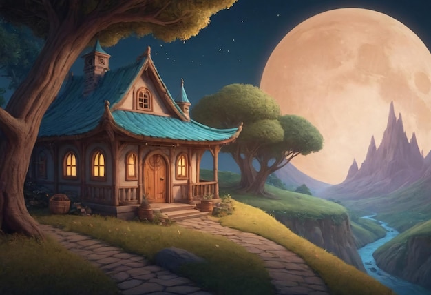 Enchanted Cottage Under a Full Moon on a Clear Night in a Mystical Valley