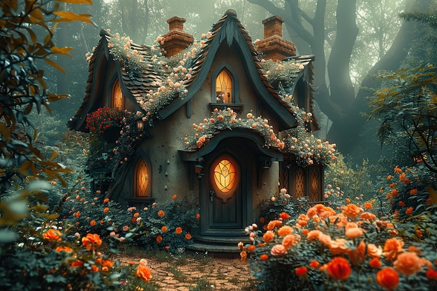 Enchanted Cottage in a Misty Forest