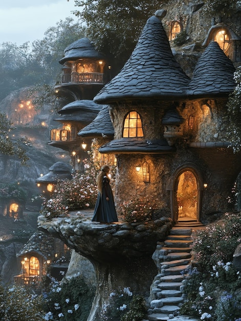 Enchanted Cottage Village in a Misty Forest