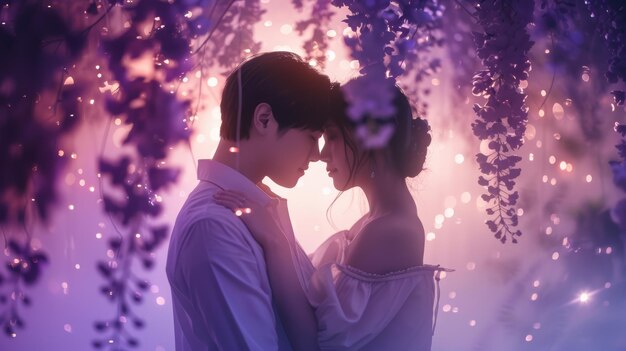 Enchanted couple embracing in a mystical forest setting with purple lighting and bokeh