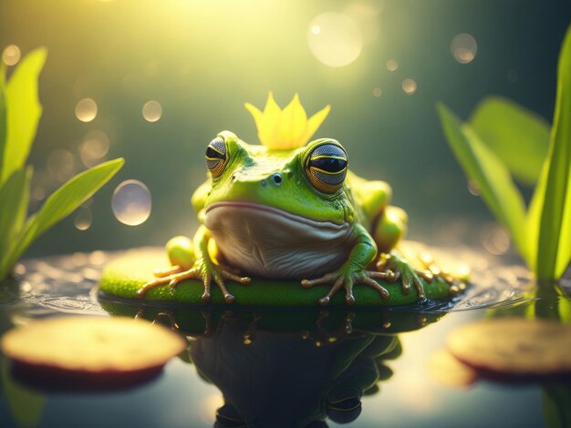 Enchanted Cute Frog with crown on Lilly Pad ai generative