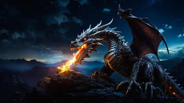 Enchanted Dragon Breathing Fire Under Starlit Sky At Night