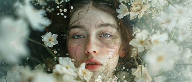 Photo enchanted dream a womans face nestled amongst delicate flowers