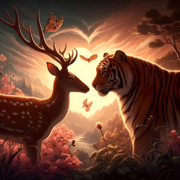 Enchanted Encounter A Whimsical Tale of Deer and Tiger Love in Fantasy Splendor