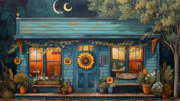 Enchanted Evening Florist Shop with Sunflowers and Crescent Moon