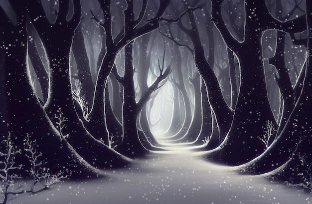 Enchanted fairy tale forest in winter snow falling old trees s