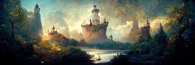 Enchanted fairy tale landscape, magic, fantasy, forest, ship on the lake. Digital Illustration