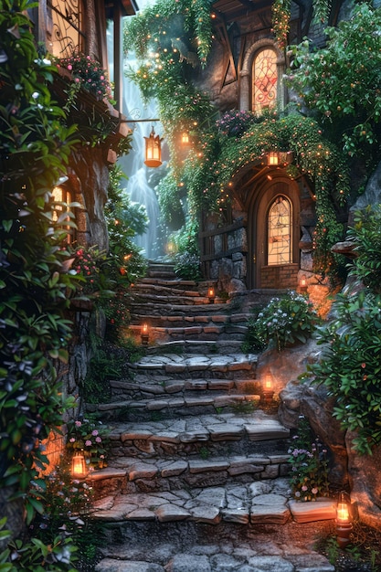 Enchanted Fairy Tale Stone Cottage with Lush Greenery Twilight Lanterns and Magical Waterfall