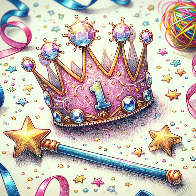 Enchanted First Birthday Princess Crown and Wand Illustration