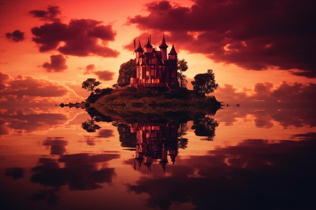 Photo enchanted floating castle over dramatic sunset cloudscape